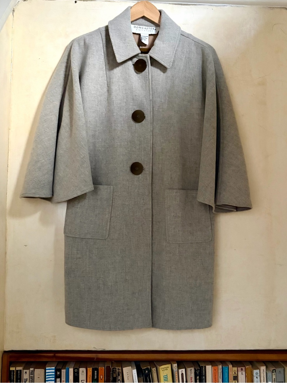 Softest wool oatmeal-colored cape-sleeve coat